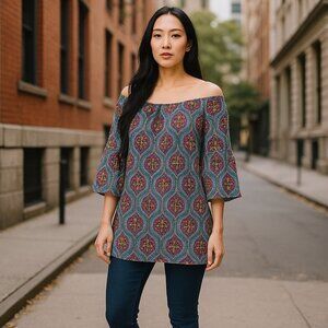 Women's 3/4 bell sleeve blouse/tunic Paisley pattern size Large Off the Shoulder